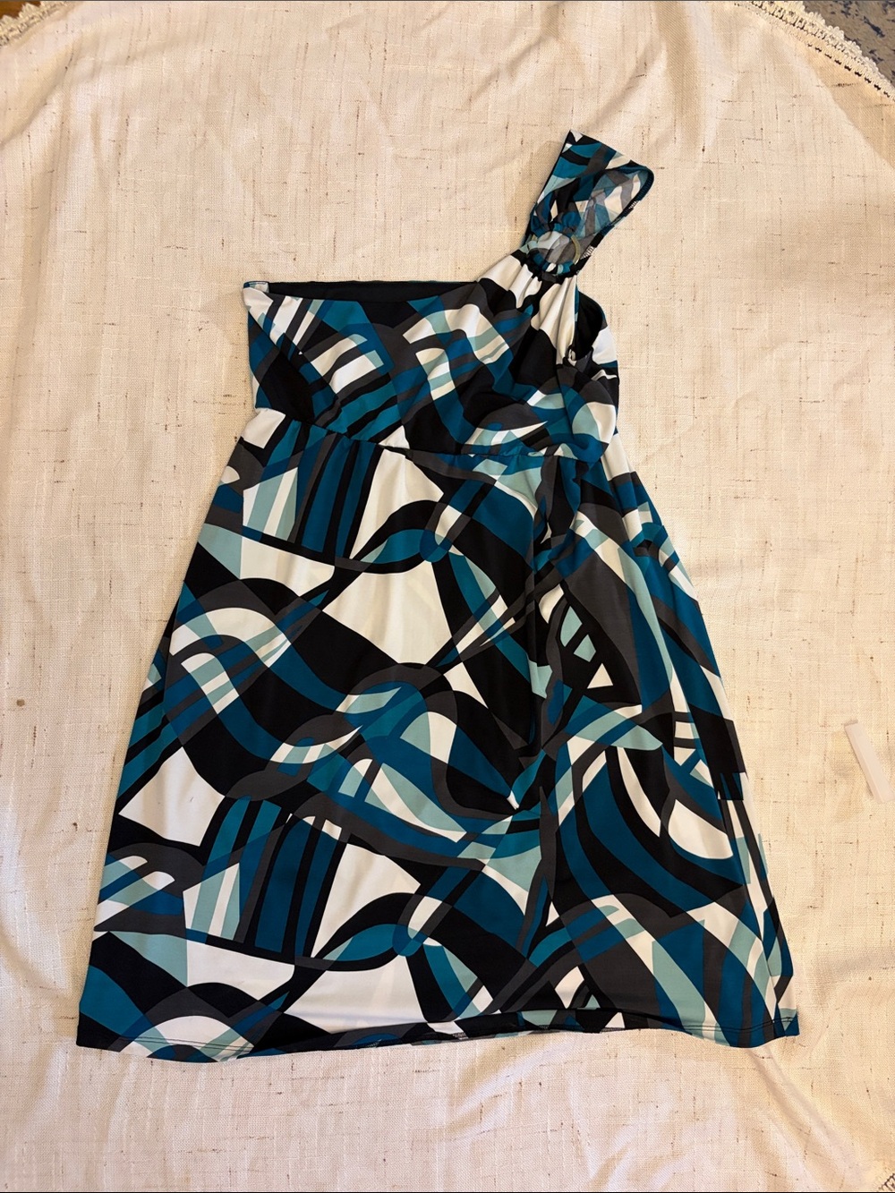 Suzy Shier One Shoulder Dress | Teal Black Abstract Print Y2K Midi
